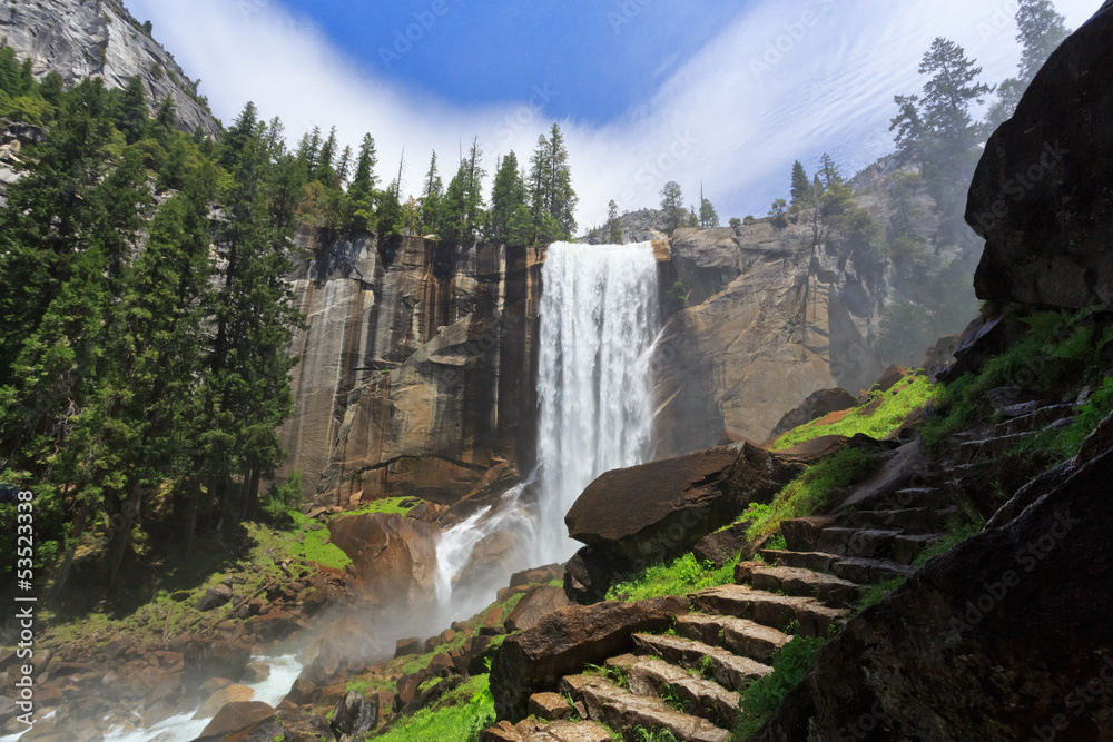 Vernal Falls with view on granite steps on mist trail, Yosemite National Park