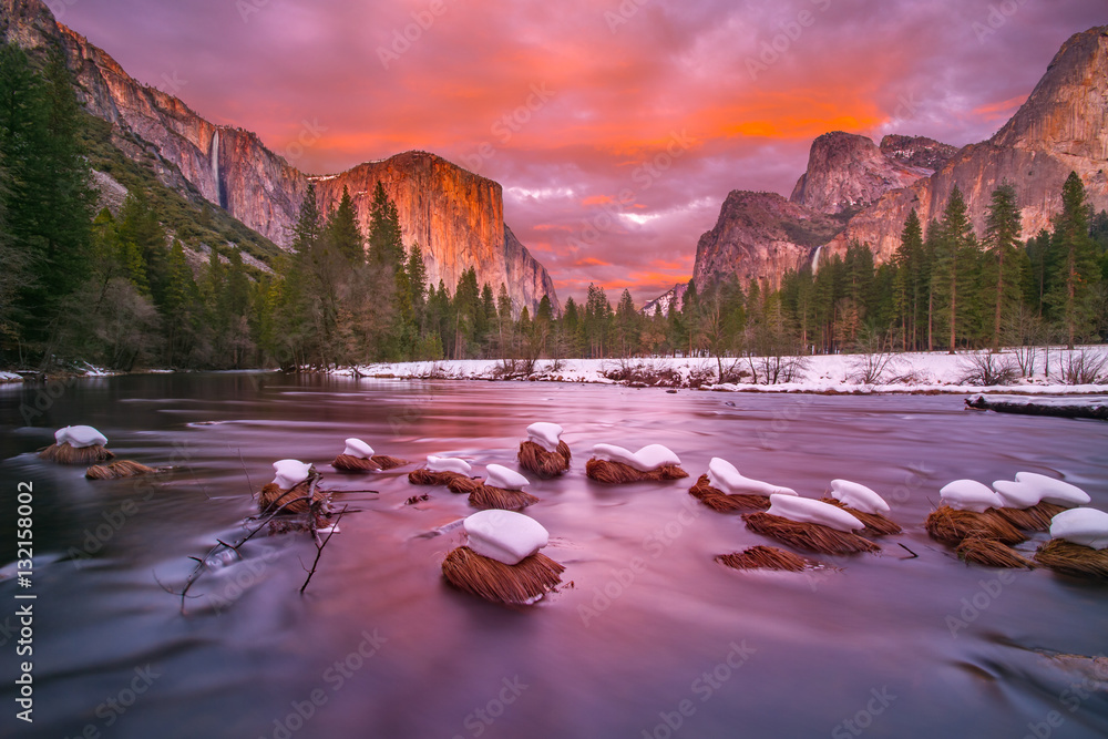 Yosemite National Park at dusk with snow caps